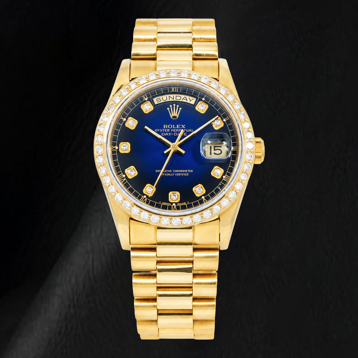 Rolex Day-Date 18238 36mm Blue Diamond Dial Yellow Gold Watch