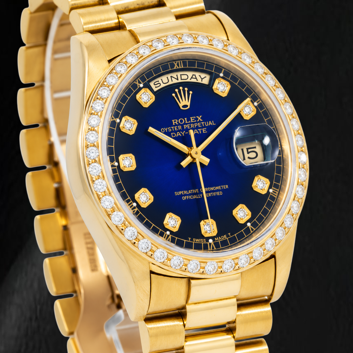 Rolex Day-Date 18238 36mm Blue Diamond Dial Yellow Gold Watch