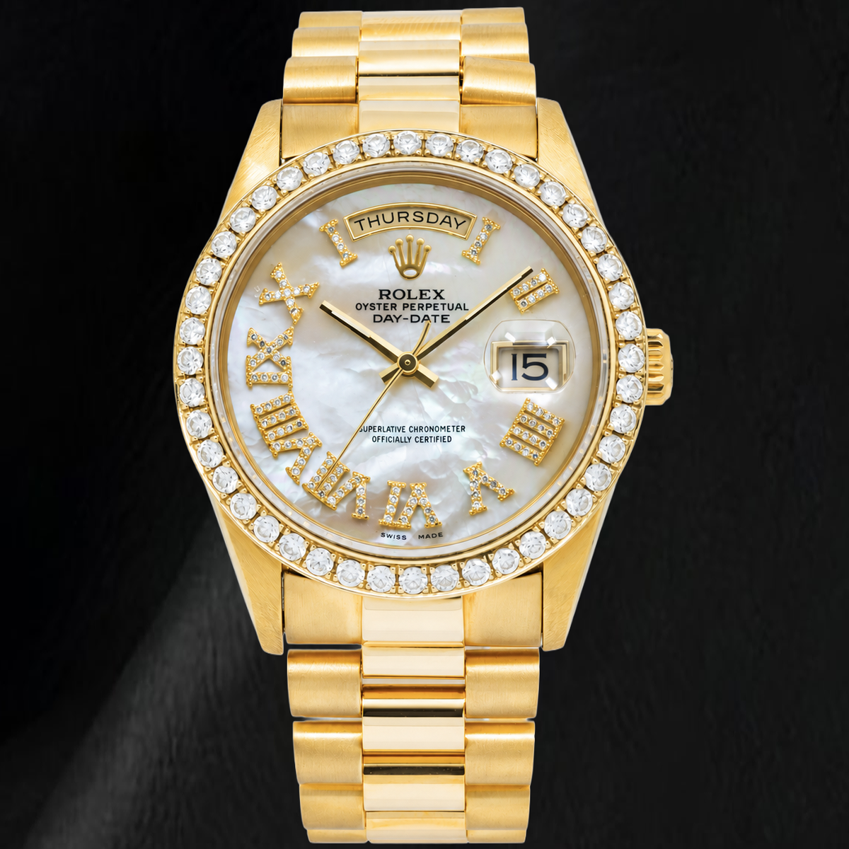 Rolex Day-Date 18238 36mm White Mother of Pearl Roman Diamond Dial Yellow Gold Watch