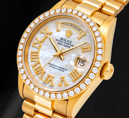 Rolex Day-Date 18238 36mm White Mother of Pearl Roman Diamond Dial Yellow Gold Watch