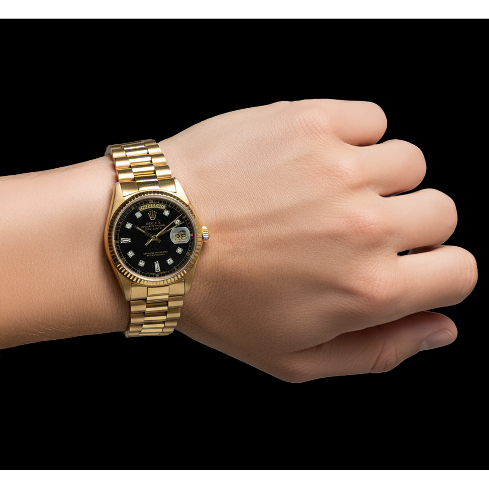 Rolex Day Date 36 Mm Men Watch Bark Finish Yellow Gold 18K Black