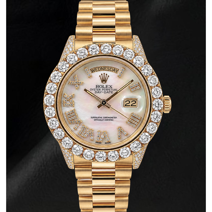 Rolex Day Date 36mm 1803 White Mother of Pearl Roman Diamond Dial Watch Yellow Gold