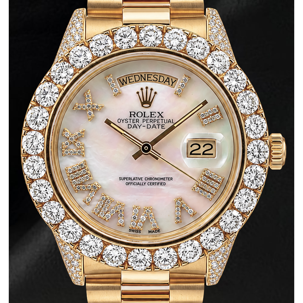 Rolex Day Date 36mm 1803 White Mother of Pearl Roman Diamond Dial Watch Yellow Gold