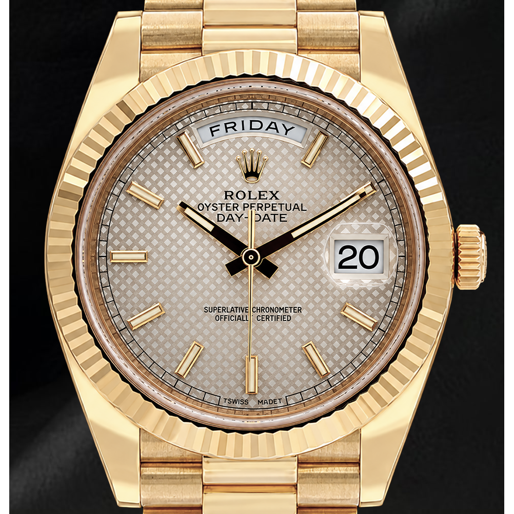 Rolex Day Date 40mm 228238 Silver Motif Dial President Bracelet Yellow Gold Watch
