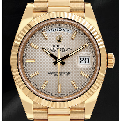 Rolex Day Date 40mm 228238 Silver Motif Dial President Bracelet Yellow Gold Watch