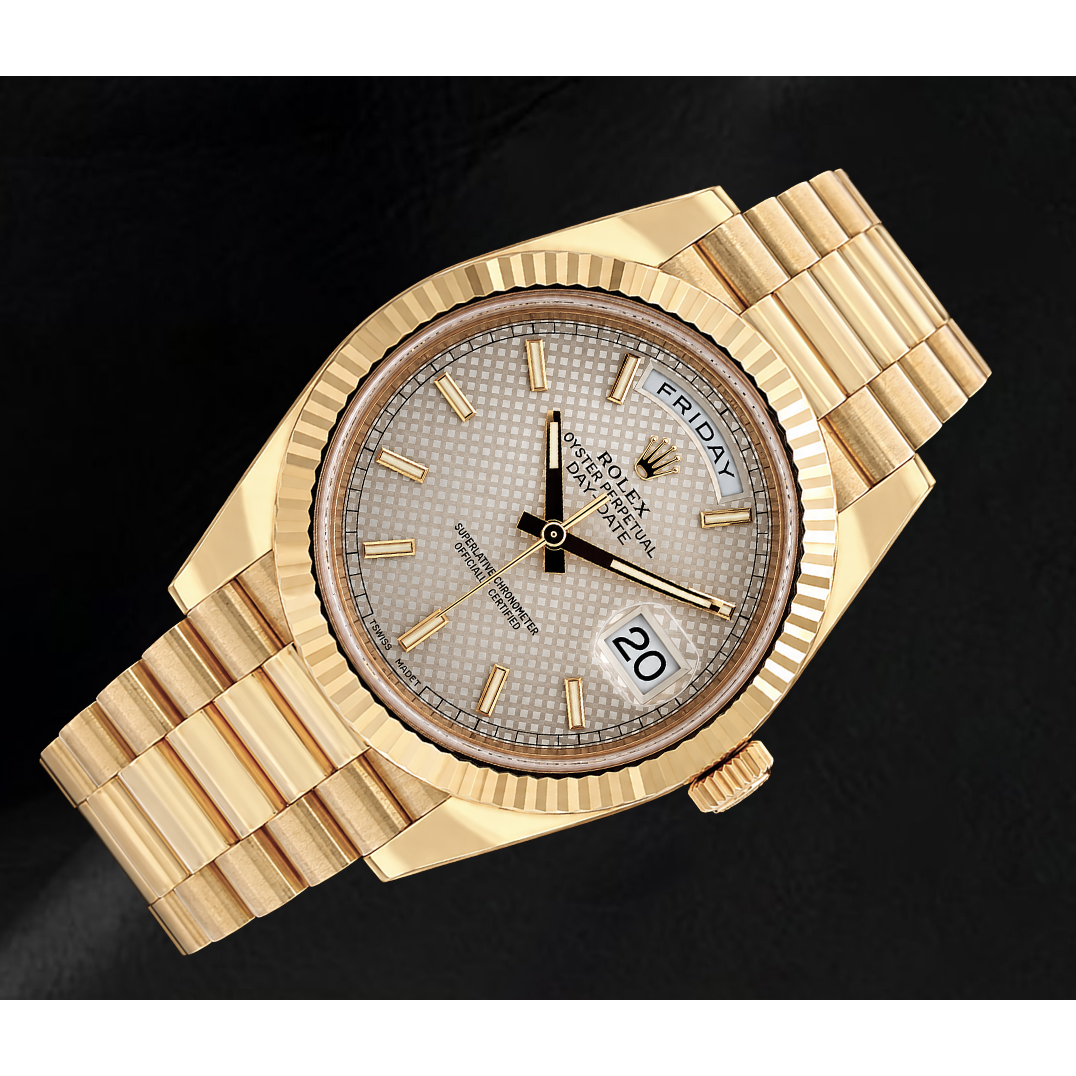 Rolex Day Date 40mm 228238 Silver Motif Dial President Bracelet Yellow Gold Watch