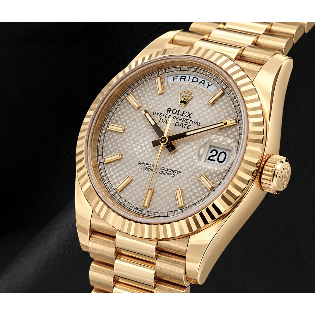 Rolex Day Date 40mm 228238 Silver Motif Dial President Bracelet Yellow Gold Watch