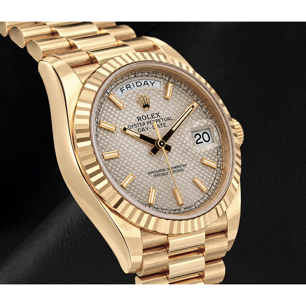 Rolex Day Date 40mm 228238 Silver Motif Dial President Bracelet Yellow Gold Watch