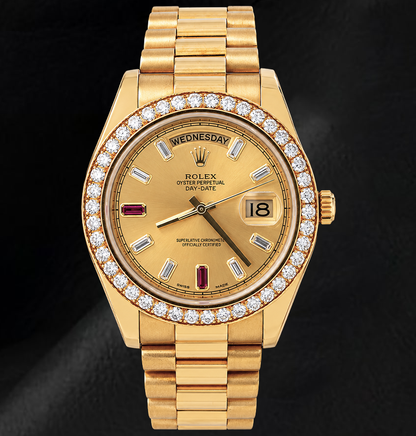 Rolex Day Date II 218348 41mm Champagne Baguette Diamond Dial Yellow Gold Watch 18K
