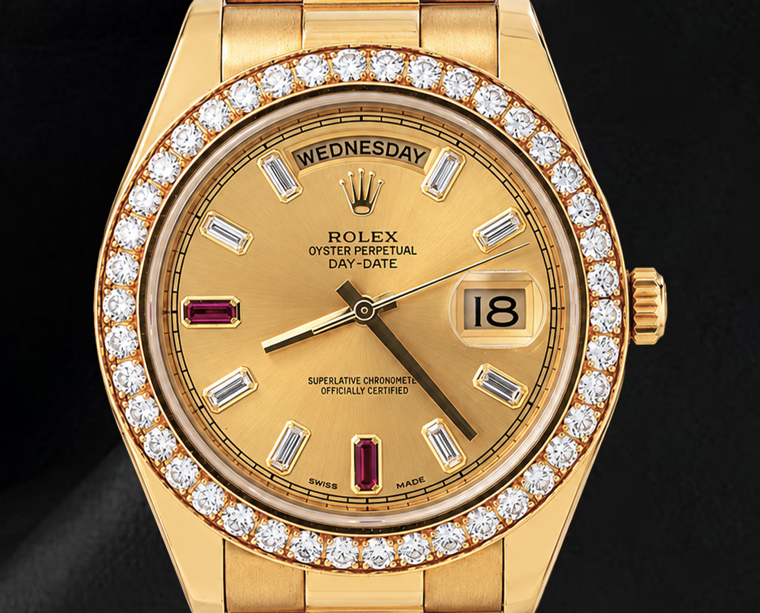 Rolex Day Date II  218348 41mm Champagne Baguette Diamond Dial Yellow Gold Watch 18K