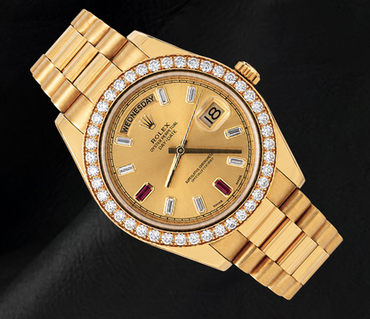 Rolex Day Date II 218348 41mm Champagne Baguette Diamond Dial Yellow Gold Watch 18K
