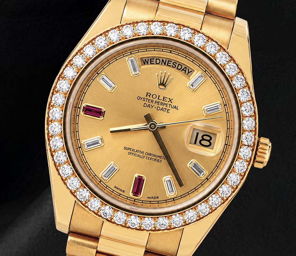 Rolex Day Date II 218348 41mm Champagne Baguette Diamond Dial Yellow Gold Watch 18K

