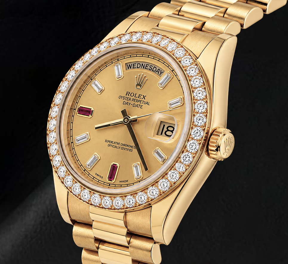 Rolex Day Date II 218348 41mm Champagne Baguette Diamond Dial Yellow Gold Watch 18K

