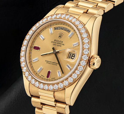 Rolex Day Date II 218348 41mm Champagne Baguette Diamond Dial Yellow Gold Watch 18K

