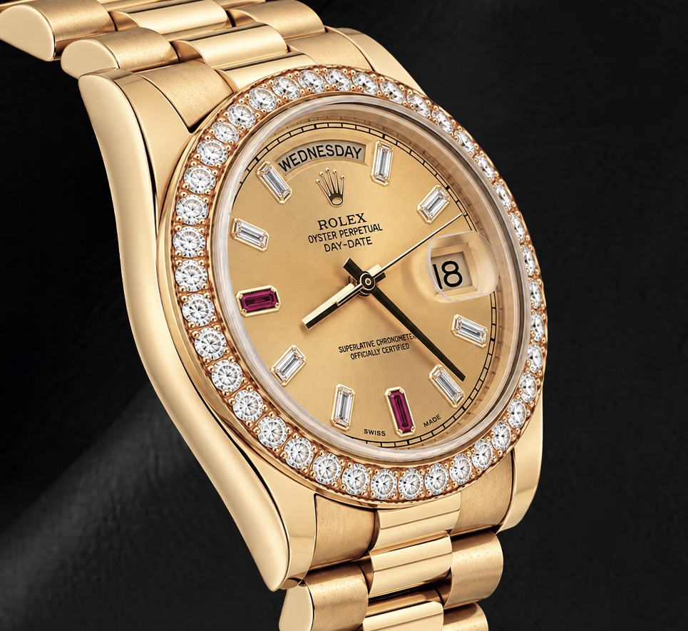 Rolex Day Date II 218348 41mm Champagne Baguette Diamond Dial Yellow Gold Watch 18K
