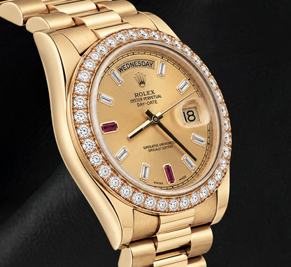 Rolex Day Date II 218348 41mm Champagne Baguette Diamond Dial Yellow Gold Watch 18K

