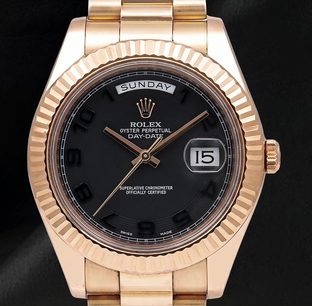 Rolex Day Date II 41mm 218235 Black Arabic Dial President Bracelet Rose Gold Watch