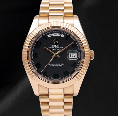 Rolex Day Date II 41mm 218235 Black Arabic Dial President Bracelet Rose Gold Watch