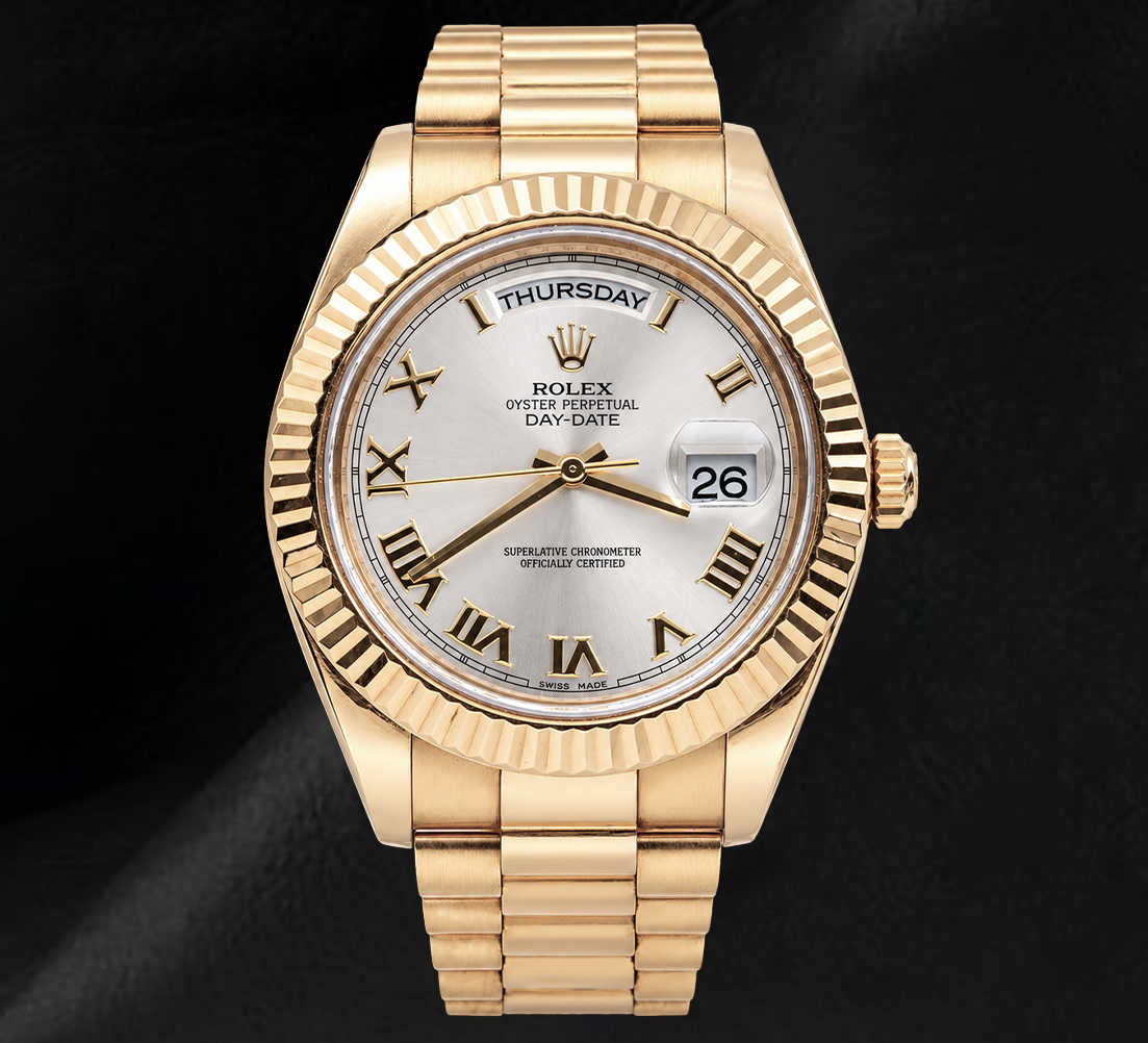 Rolex Day Date II 41mm 218238 Silver Roman Dial  President Bracelet Yellow Gold Watch