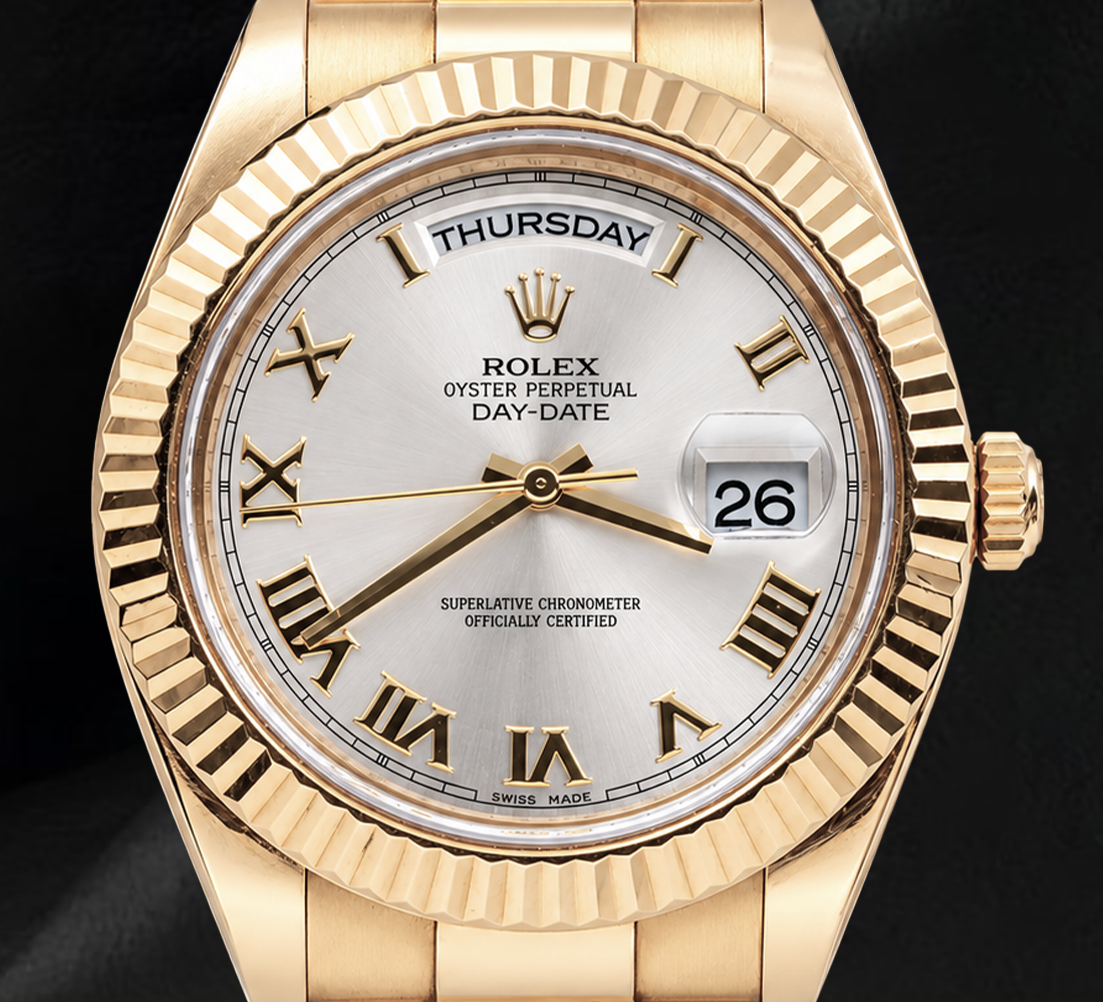 Rolex Day Date II 41mm 218238 Silver Roman Dial  President Bracelet Yellow Gold Watch