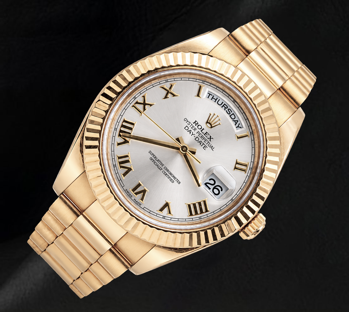 Rolex Day Date II 41mm 218238 Silver Roman Dial  President Bracelet Yellow Gold Watch