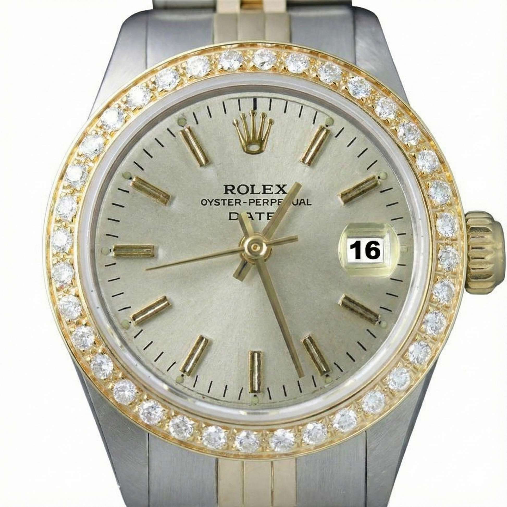 Rolex Diamond Bezel White Stick Dial Watch Ss G Jubilee Bracelet