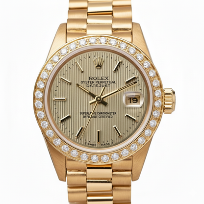 Rolex Dj Champagne Tapestry Dial Pin Stripe Watch Gold President