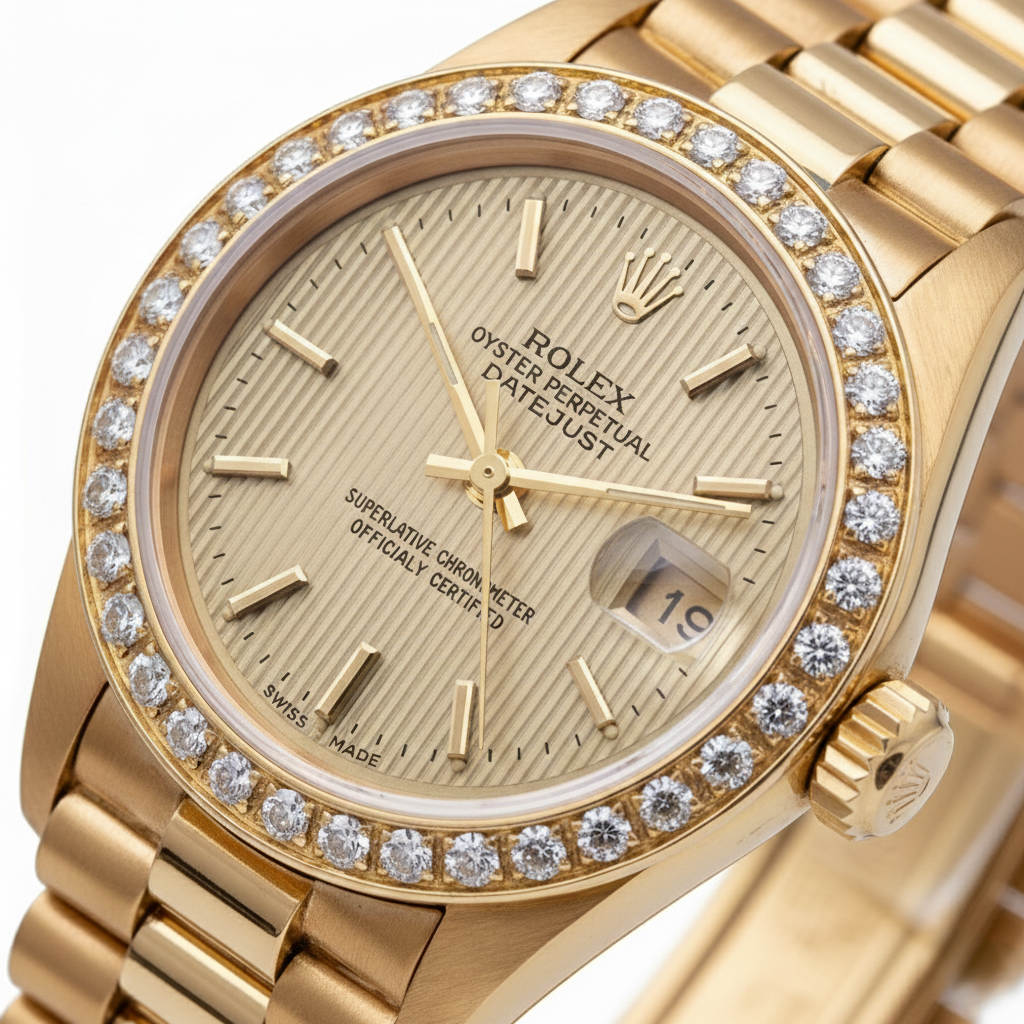 Rolex Dj Champagne Tapestry Dial Pin Stripe Watch Gold President