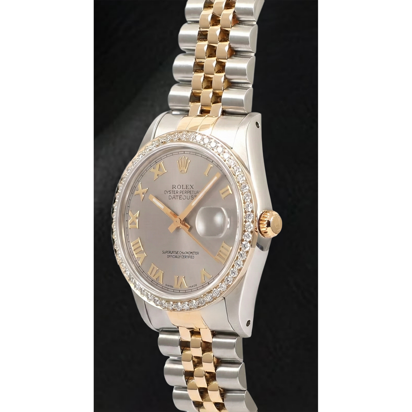 Rolex Dj Diamond Bezel Men's Watch Two Tone Jubilee Gray Roman Dial