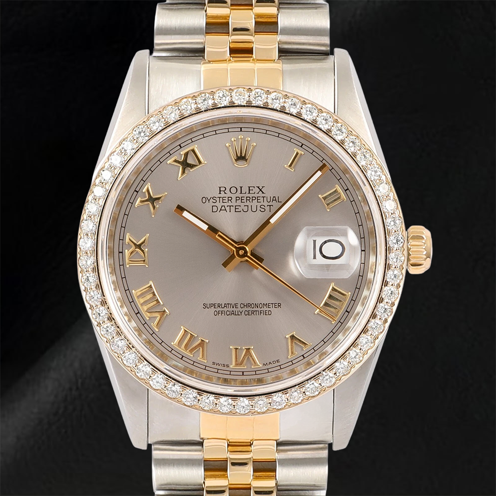Rolex Dj Diamond Bezel Men's Watch Two Tone Jubilee Gray Roman Dial