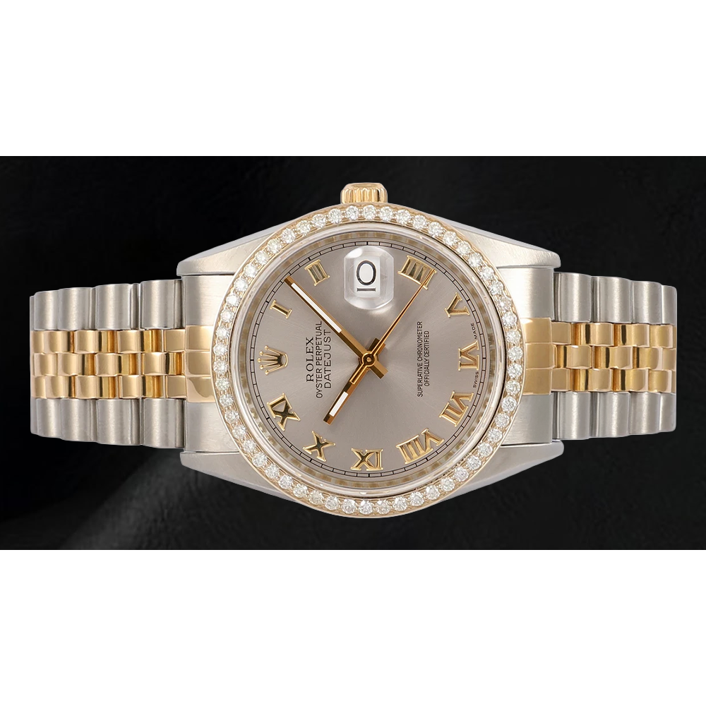 Rolex Dj Diamond Bezel Men's Watch Two Tone Jubilee Gray Roman Dial