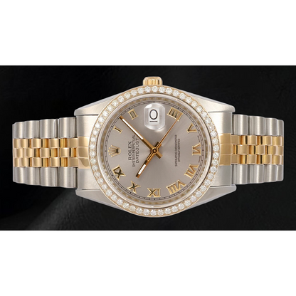 Rolex Dj Diamond Bezel Men's Watch Two Tone Jubilee Gray Roman Dial