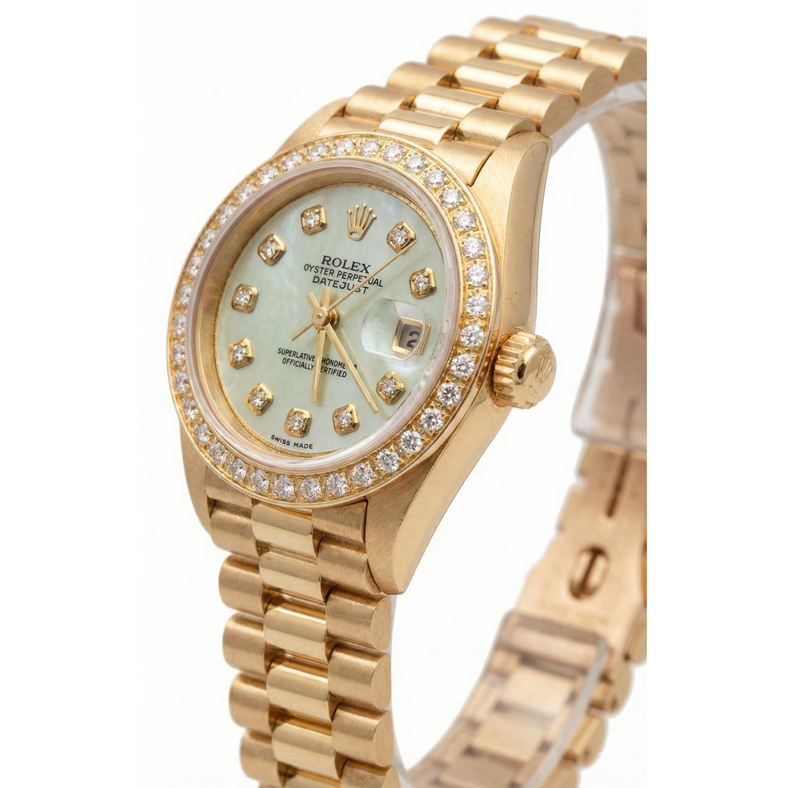 Rolex Dj President Style Watch White Mop Diamond Dial Bezel Gold