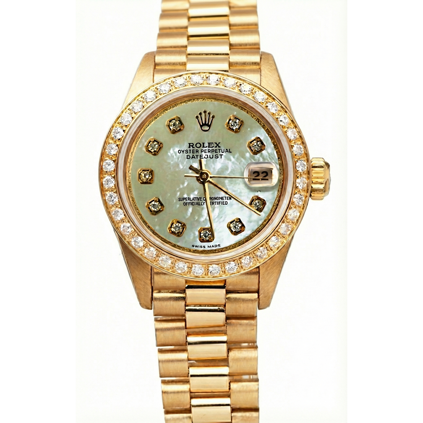 Rolex Dj President Style Watch White Mop Diamond Dial Bezel Gold
