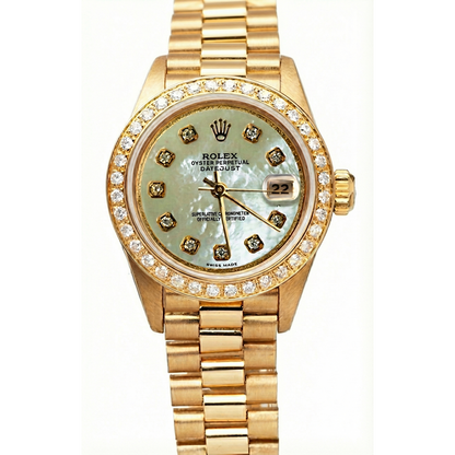Rolex Dj President Style Watch White Mop Diamond Dial Bezel Gold