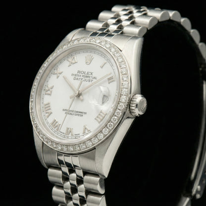 Rolex Dj White Mop Roman Dial Diamond Bezel Ss Jubilee Bracelet QUICK SET