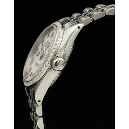 Rolex Dj White Mop Roman Dial Diamond Bezel Ss Jubilee Bracelet QUICK SET