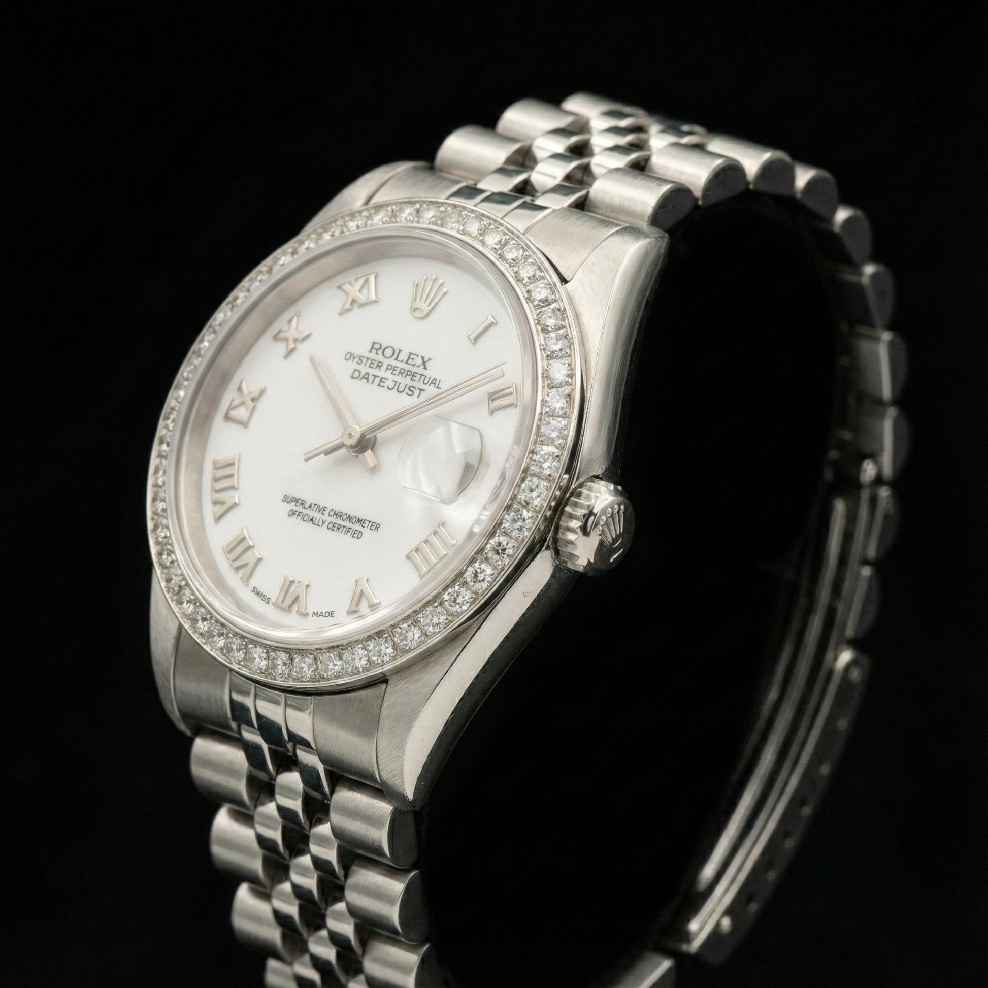 Rolex Dj White Mop Roman Dial Diamond Bezel Ss Jubilee Bracelet QUICK SET