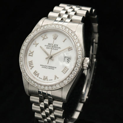 Rolex Dj White Mop Roman Dial Diamond Bezel Ss Jubilee Bracelet QUICK SET