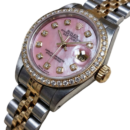 Rolex Ladies 18K Yellow Gold Pink Dial set Diamond Watch