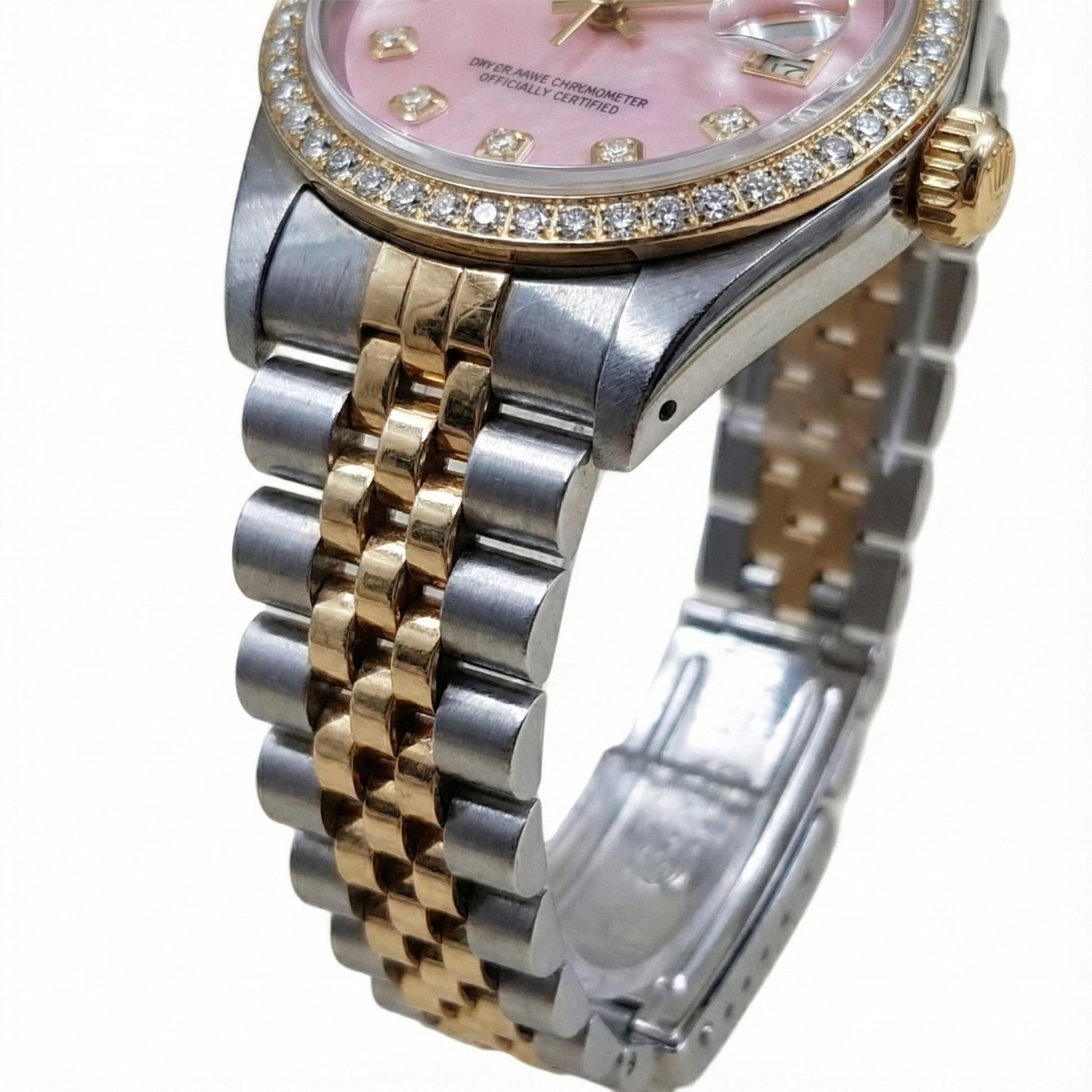 Rolex Ladies 18K Yellow Gold Pink Dial set Diamond Watch