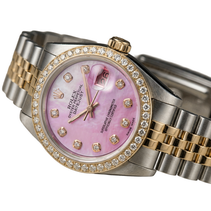 Rolex Ladies 18K Yellow Gold Pink Dial set Diamond Watch