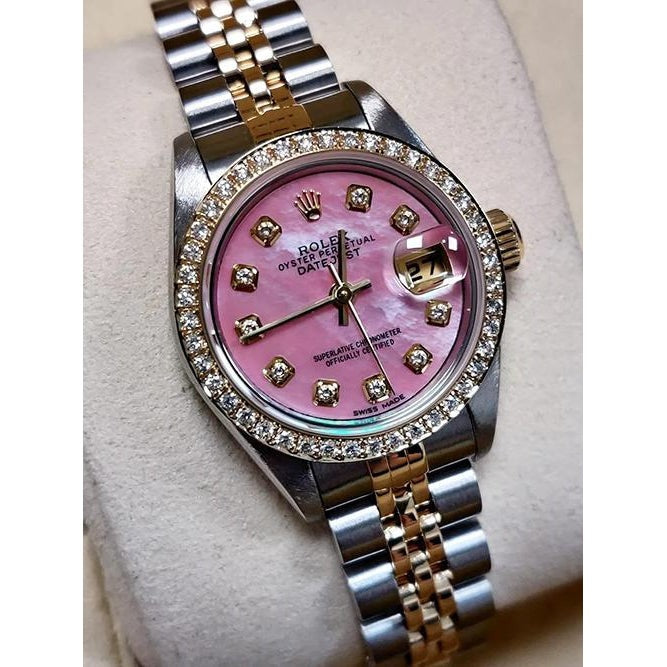 Yellow Gold Pink Dial set Diamond Watch