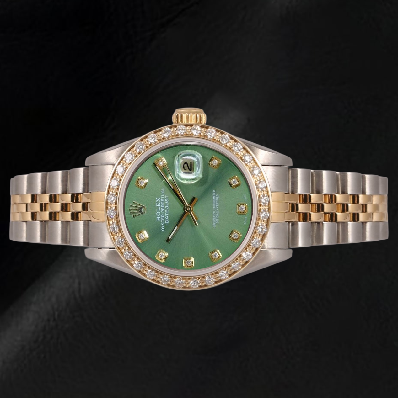 Rolex Ladies Datejust 26 mm Olive Green Diamond Dial Two Tone Watch
