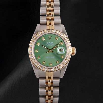 Rolex Ladies Datejust 26 mm Olive Green Diamond Dial Two Tone Watch