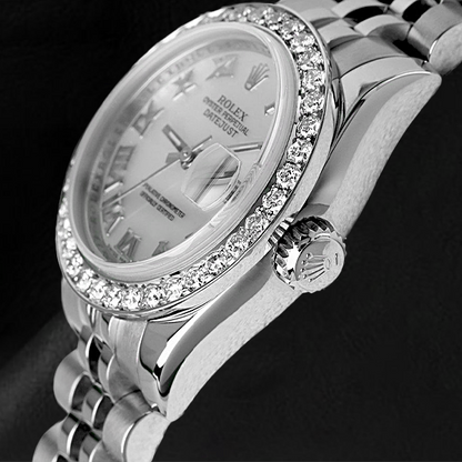 Rolex Lady-Datejust 26mm White Mother of Pearl Diamond Steel Hidden Clasp Ladies Watch