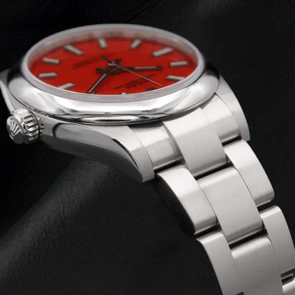 Rolex Lady Oyster Perpetual 31mm Coral Red Luminous Dial Steel Watch