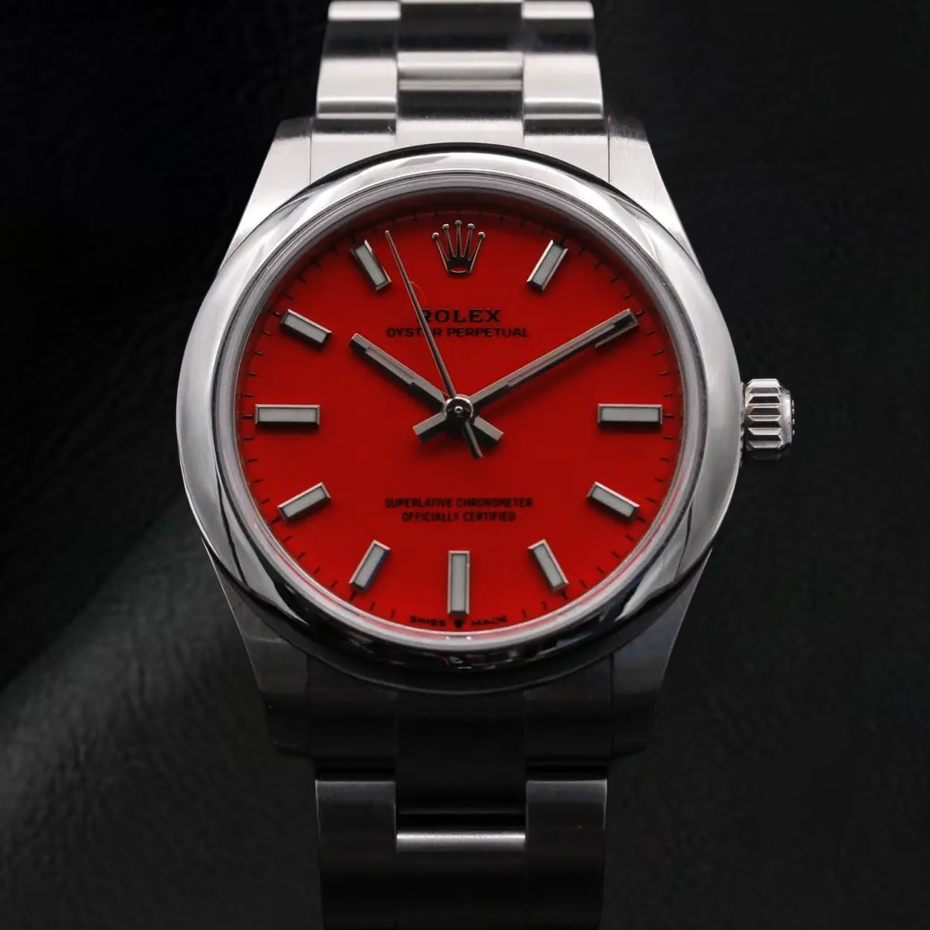 Rolex Lady Oyster Perpetual 31mm Red Luminous Dial Stainless Steel Watch