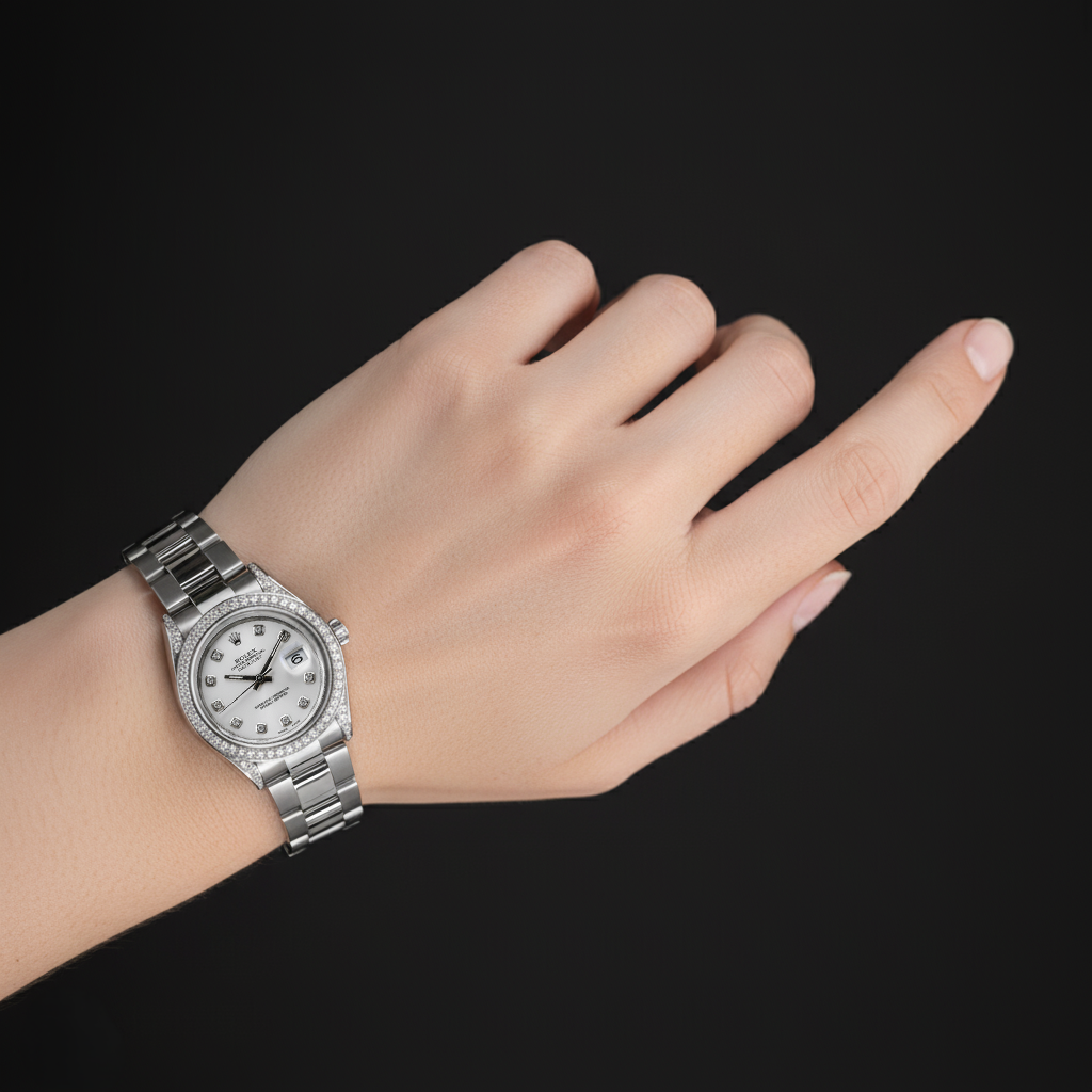 Rolex Midsize Watch Custom Diamond Bezel Oyster Bracelet Ss P6