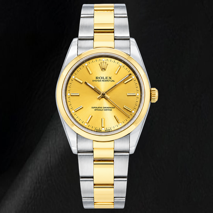 Rolex Oyster Perpetual 14203 34mm Champagne Stick Dial Two Tone Watch